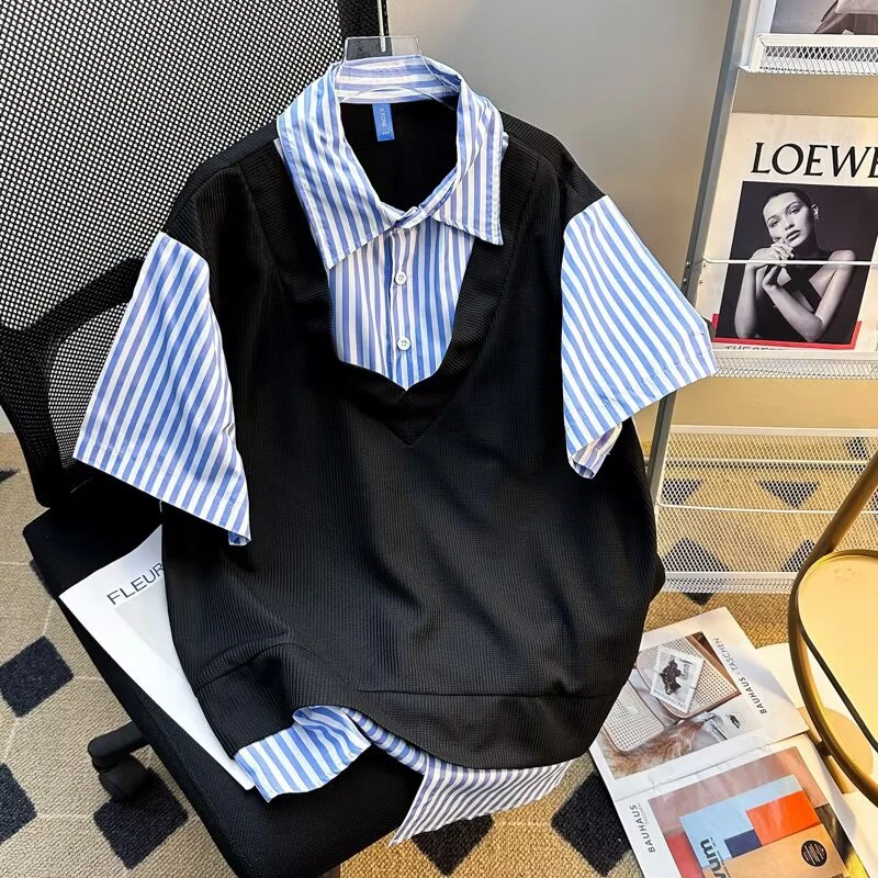 韩版假两件拼接高级短袖衬衫男女港风宽松休闲设计感条纹衬衣外套