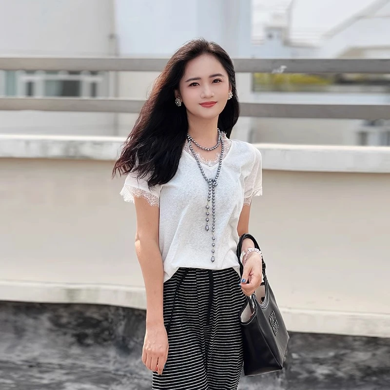 女士短袖外穿洋气简约风蕾丝花边 v领白色T恤宽松显瘦内搭打底衫