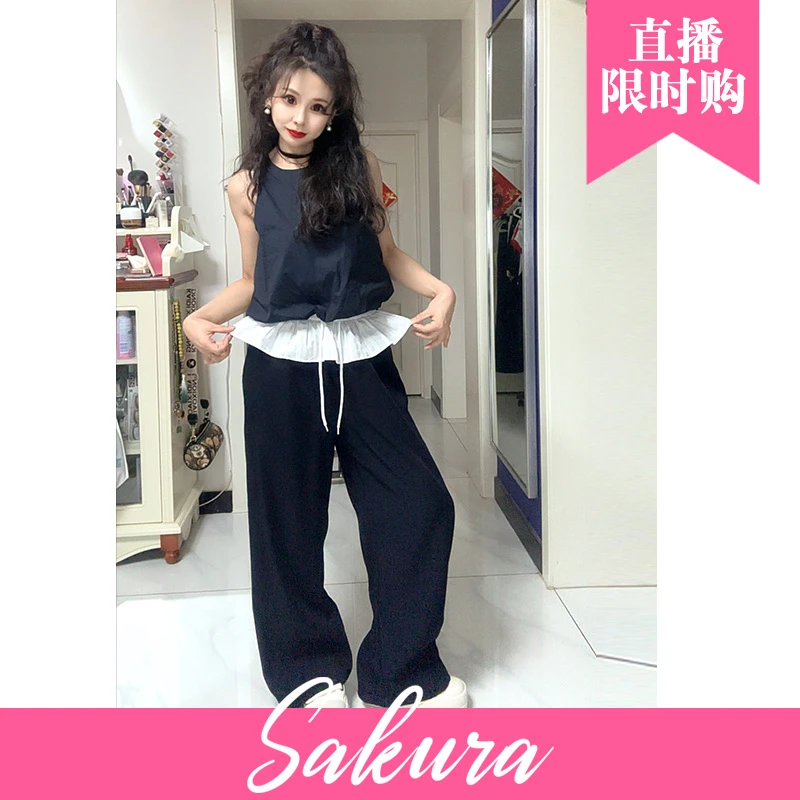 2025新款时尚百搭裤腰白色荷叶边显瘦薄款休闲风ins直筒长裤