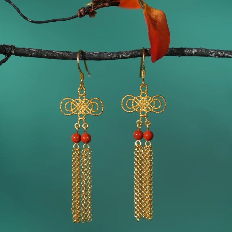 925银耳饰 中国结银耳饰国潮风长款花丝镶嵌民族风格银耳坠 00814