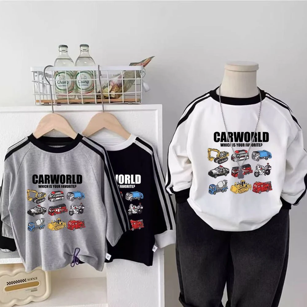 儿童卡通小汽车衣服男童长袖纯棉T恤休闲洋气圆领春秋上衣中大童