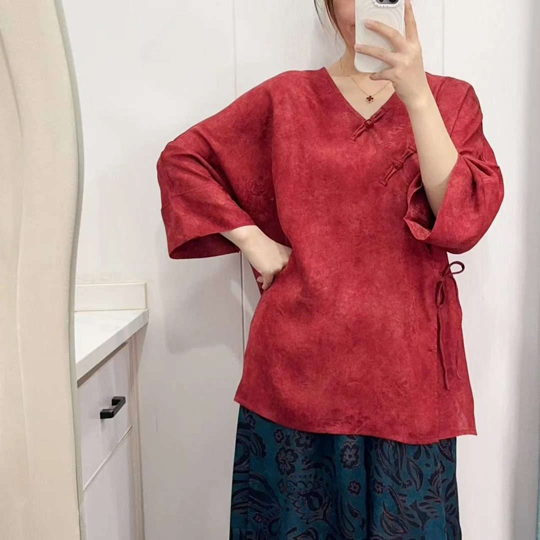 【红牡丹】V领毛衫！桑蚕丝全孔花萝浮光锦国风斜襟上衣