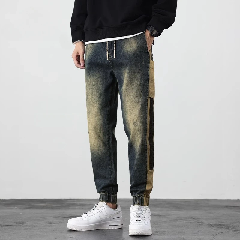 Cebrodz潮牌牛仔裤男士宽松大码新款抽绳弹力束脚长裤休闲工装裤
