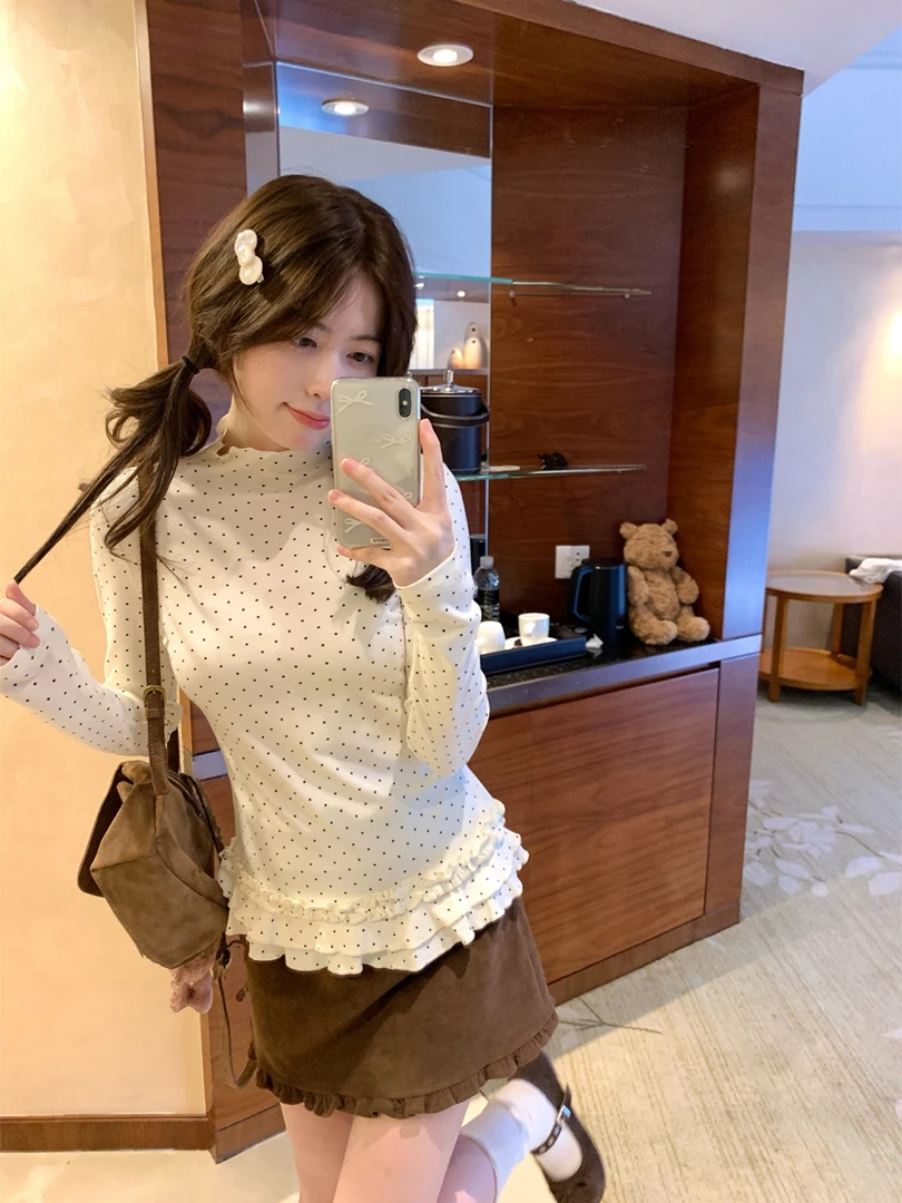 DXSE半高领波点长袖打底衫女秋季新款修身显瘦气质木耳边T恤上衣