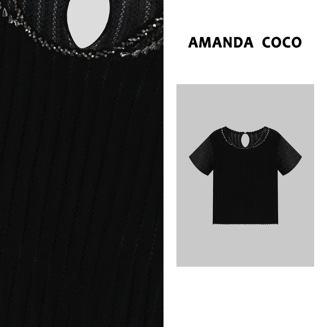 嘉嘉# 法式优雅～2025夏季串钻拼纱袖设计感小镂空短袖针织衫