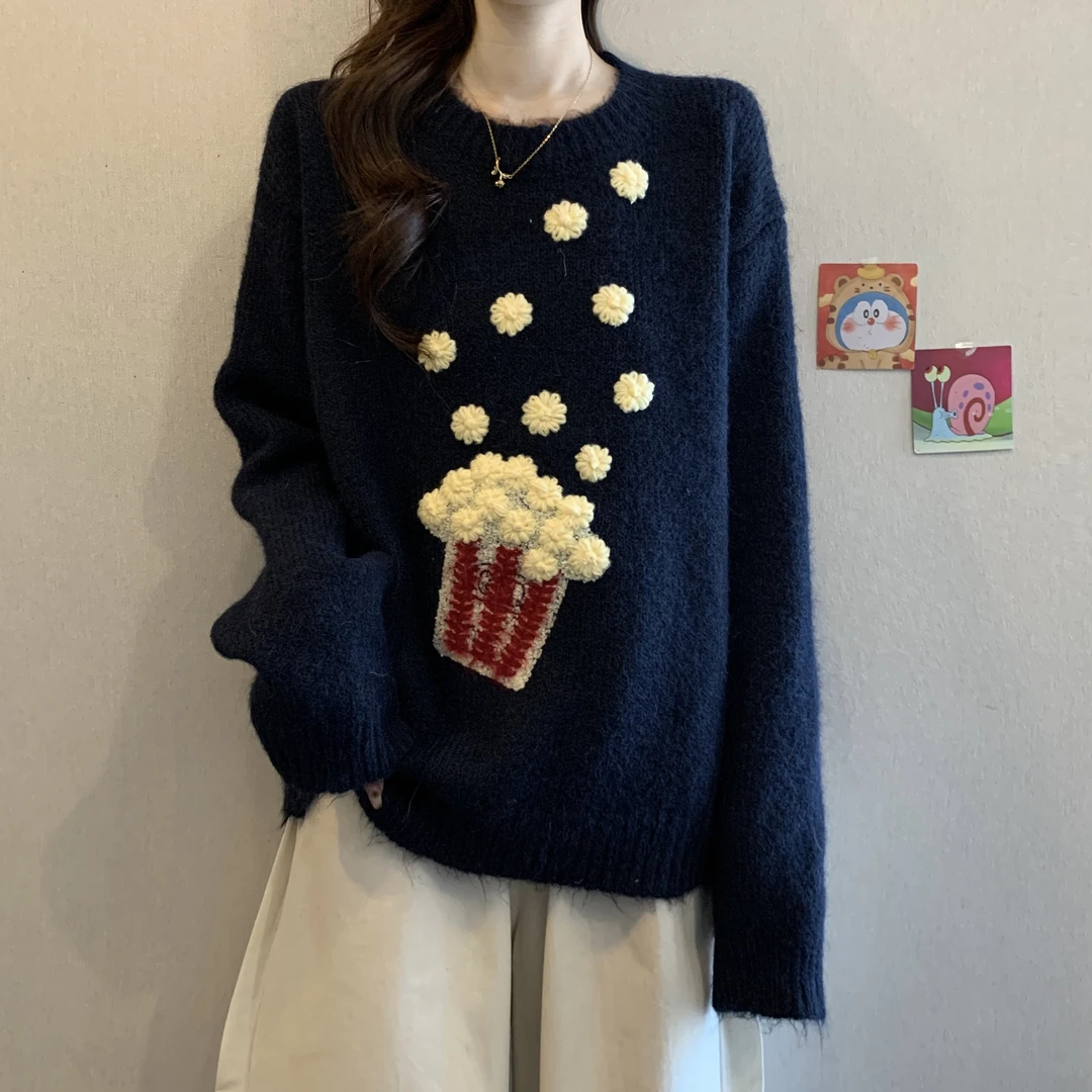 大码女装遮肚子重工卡通爆米花刺绣长袖毛衣胖MM遮肚软糯针织上衣