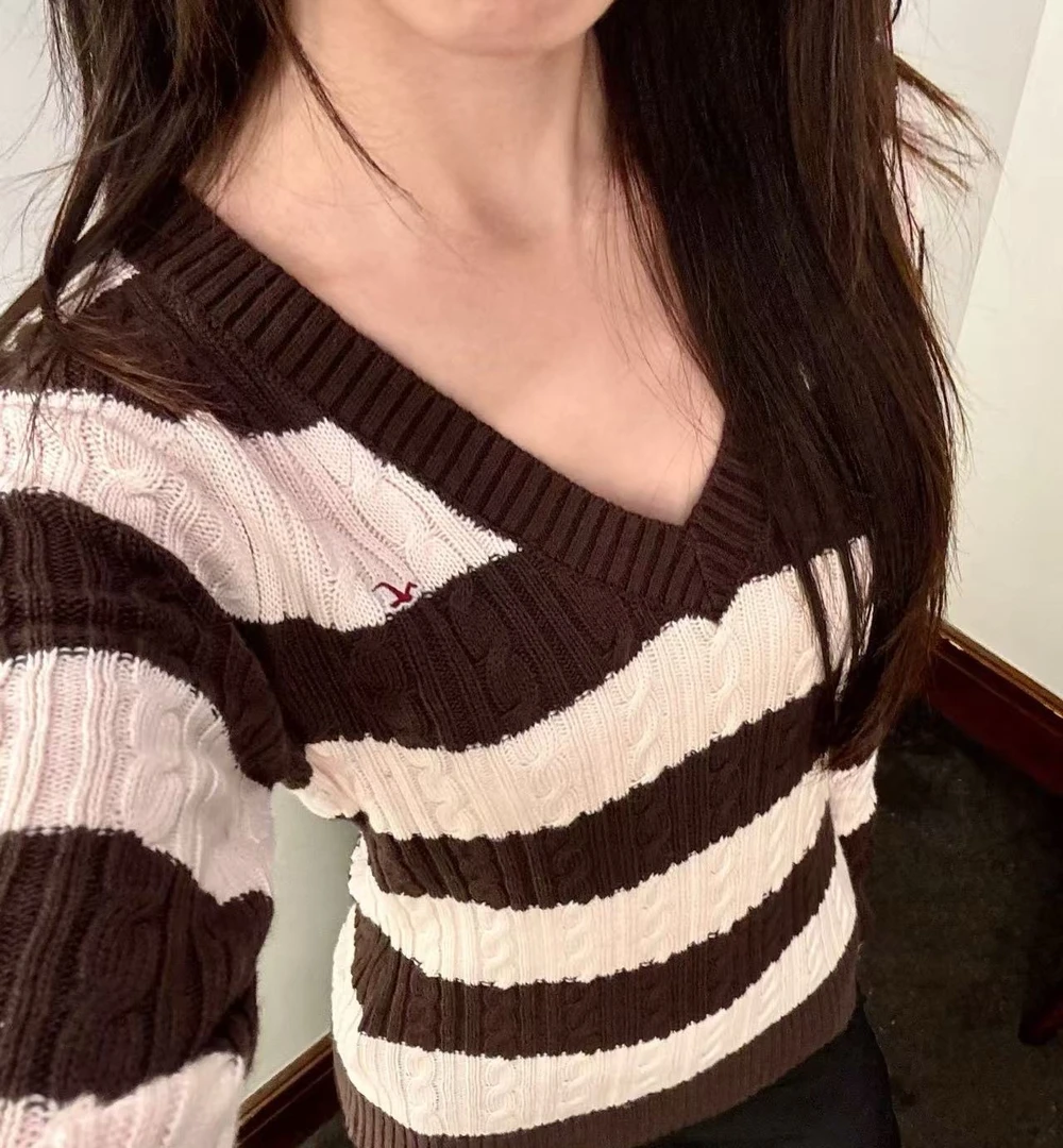 法式小海鸥图案2025秋冬新款条纹麻花打底衫V领针织休闲毛衣女装