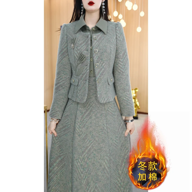 【两件套】冬季设计感翻领时尚印花减龄通勤中长款两件套套裙M-4XL