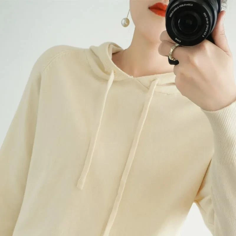 正品新款长袖连帽套头针织衫女毛衣短款上衣修身显瘦百搭套头帽衫