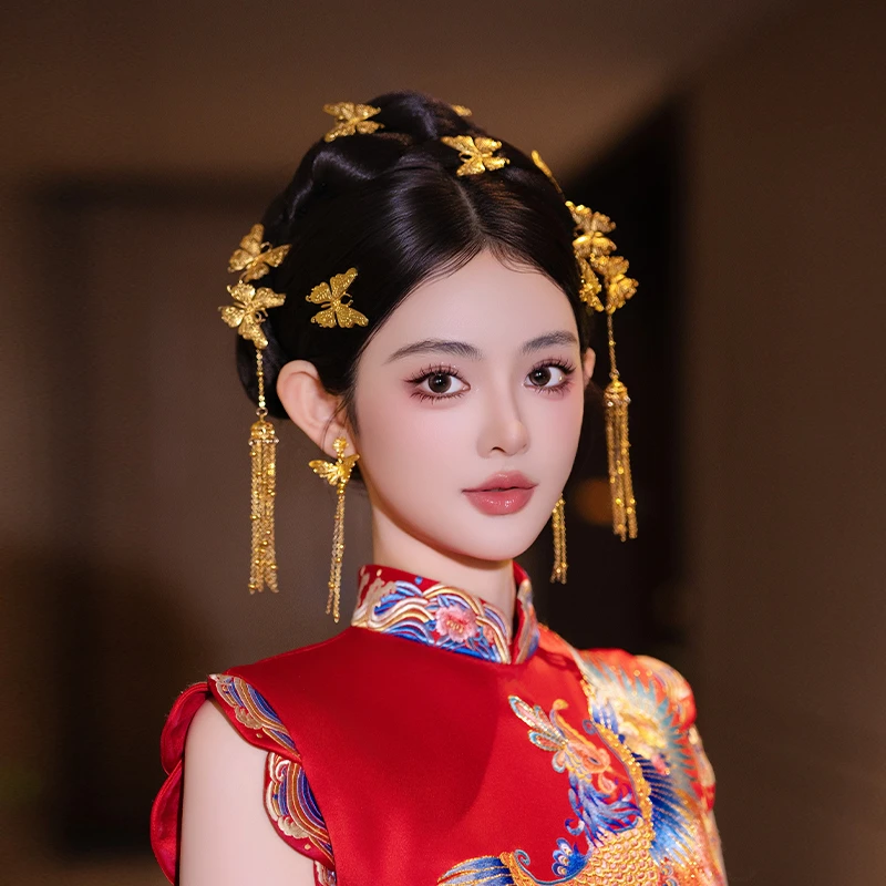 合金婚庆饰品 新娘国风头饰中式旗袍高级金色蝴蝶发簪订婚MF2446