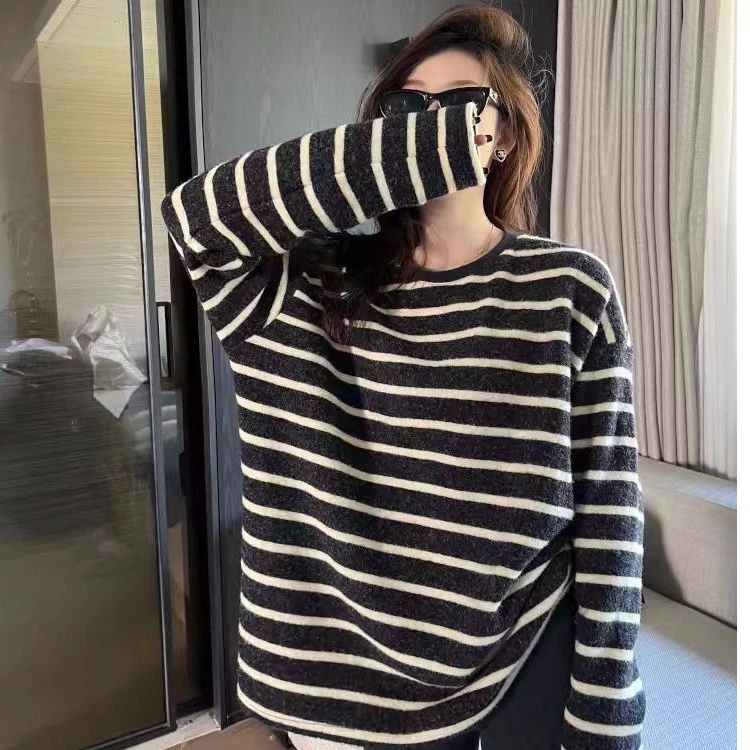 【现货】冬慵懒宽松显瘦长袖海魂条纹t恤海盐奥利奥内搭打底衫上衣