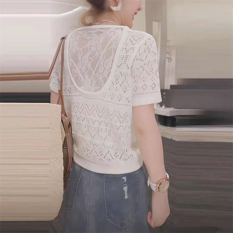 韩版时尚镂空设计感短袖针织衫女装2025夏季新款显瘦圆领百搭上衣