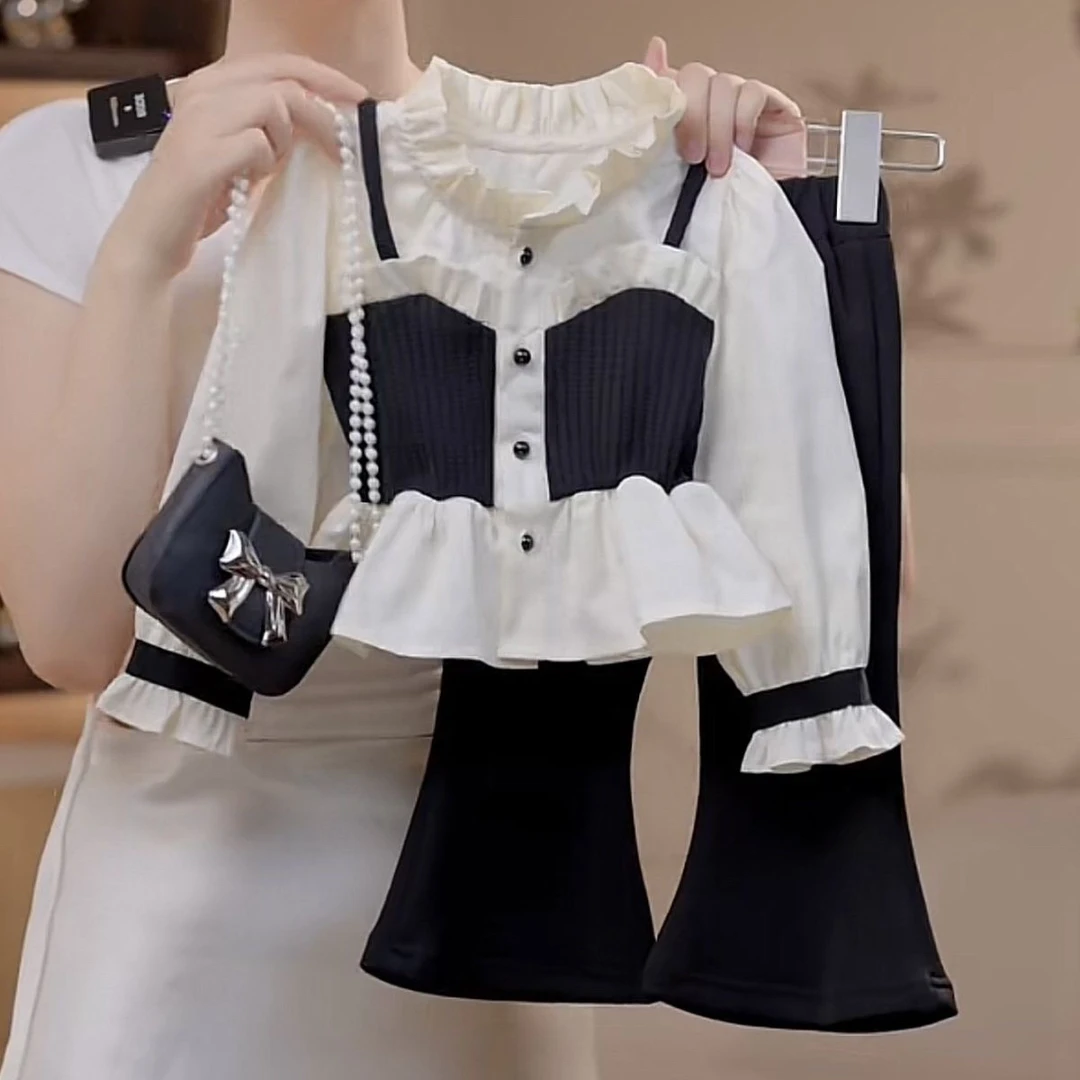 春秋时尚新款套头千金风洋气女童套装衬衫拼接上衣裤子两件套