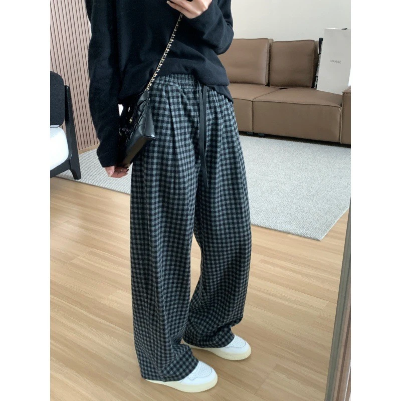 大码女装胖mm240斤蓝灰格直筒裤女宽松显瘦松紧腰加绒加厚休闲裤