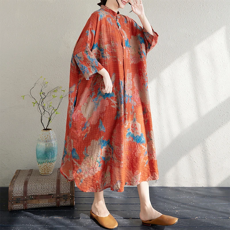 捡漏~印花立领棉麻长裙女装大码宽松2025秋季新款文艺复古连衣裙