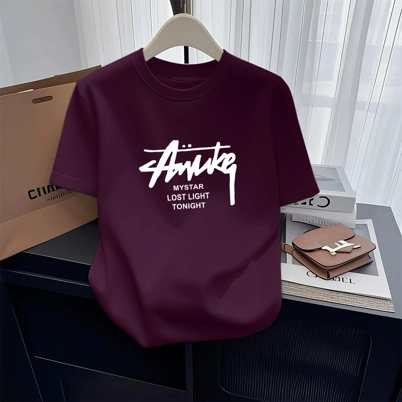 正肩圆领短袖t恤女士2025今年夏季新款时尚百搭洋气紫色上衣薄款