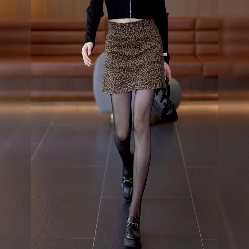 时尚复古牛仔裙春夏秋辣妹高腰半身裙热辣豹纹咖啡色A字大码短裙