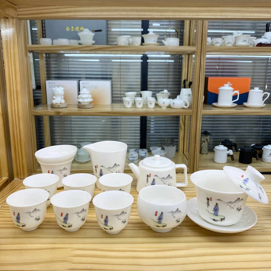 悬停观天下12件 羊脂玉白瓷盖碗茶壶功夫茶具套装  安全包装