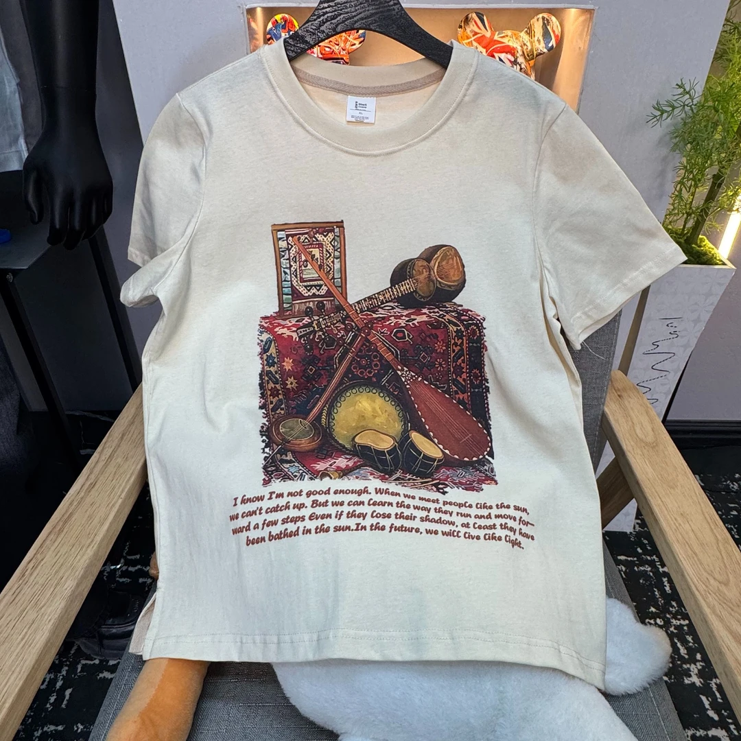 2025-001韩版短袖白色百搭设计师T恤印花宽松修身型