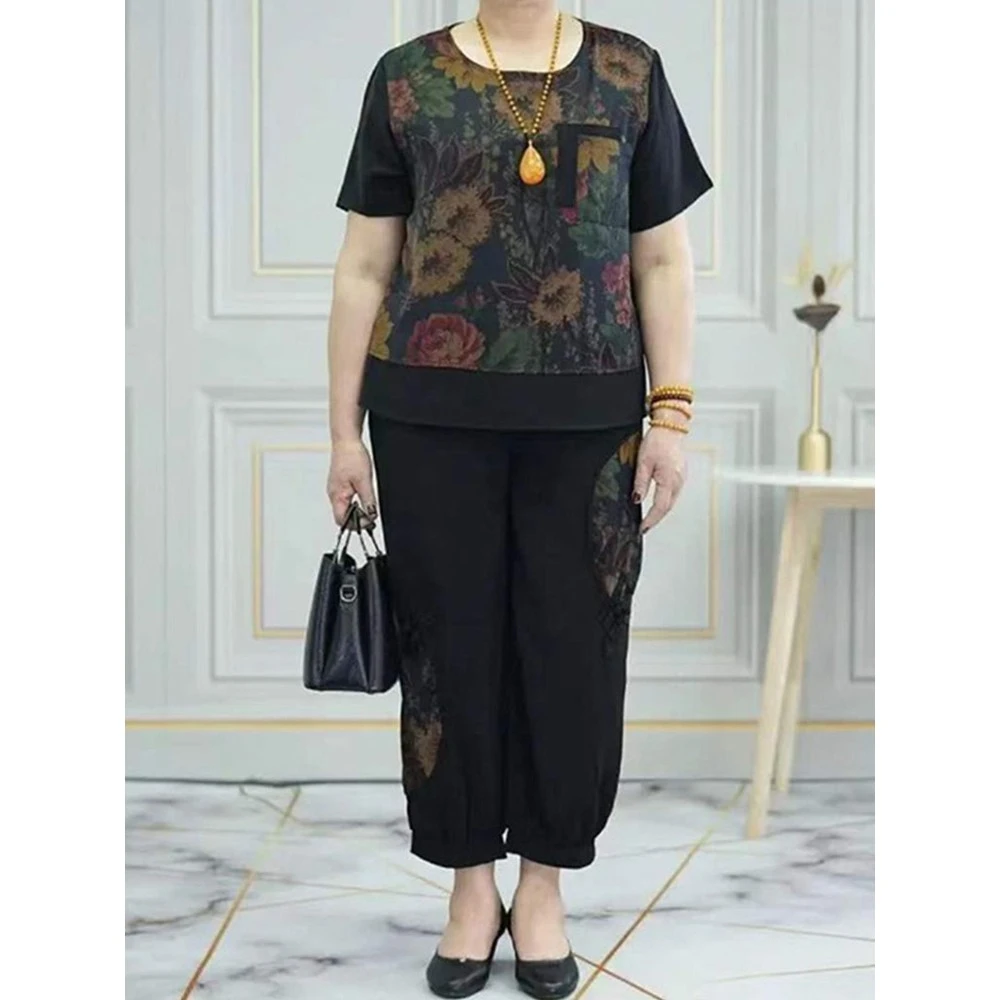 俞兆林中老年人夏装女奶奶套装短袖T恤高贵妈妈休闲两件套气质老