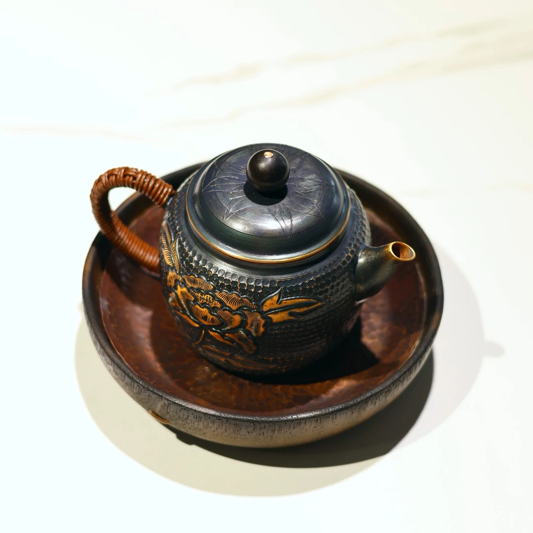 手作铜匏尊泡茶壶纯铜手作手工堑刻牡丹外烤青绿金9×8.5cm320cc