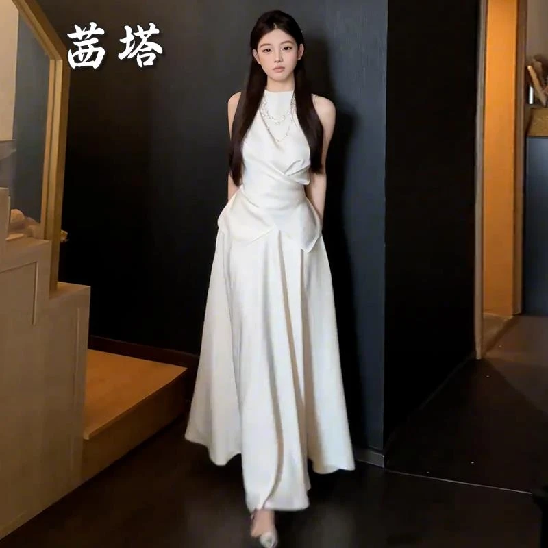 白色缎面背心吊带连衣裙子女夏新中式禅意套装2025新款白月光长裙