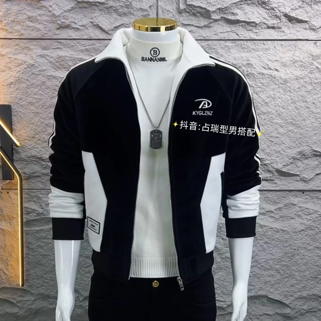 男士水貂毛拼接拼色翻领保暖男士外套加厚男夹克冬季型男时尚休闲