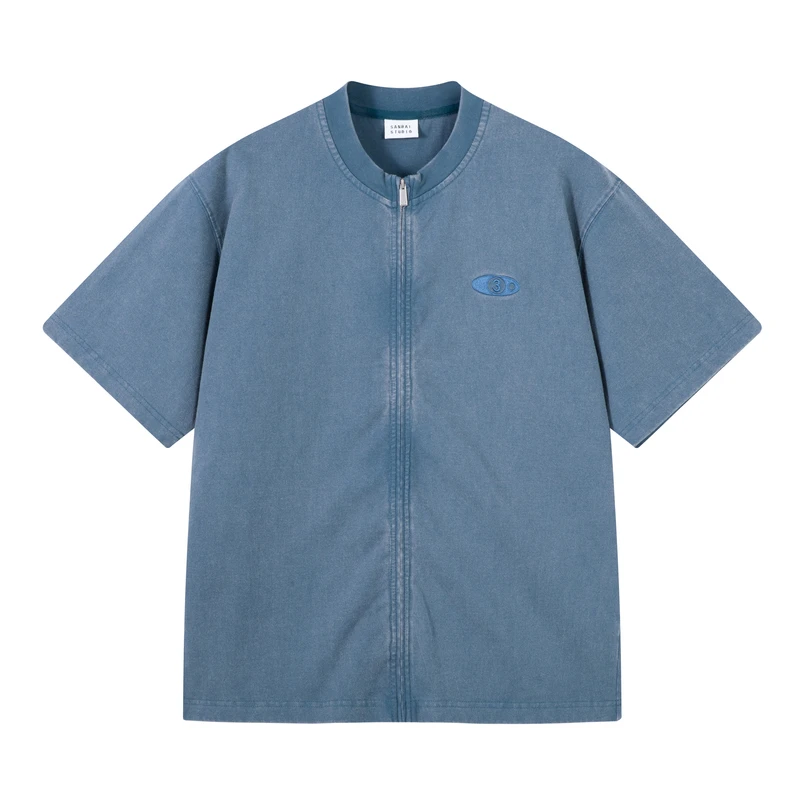 SANBAI 叁佰【针织开衫】270克全棉重工水洗炒雪花开衫针织短袖