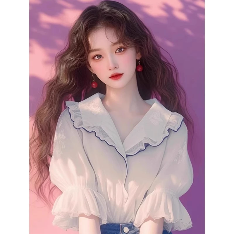 白色雪纺衬衫2025新款女夏季古着小众独特别致泡泡袖上衣
