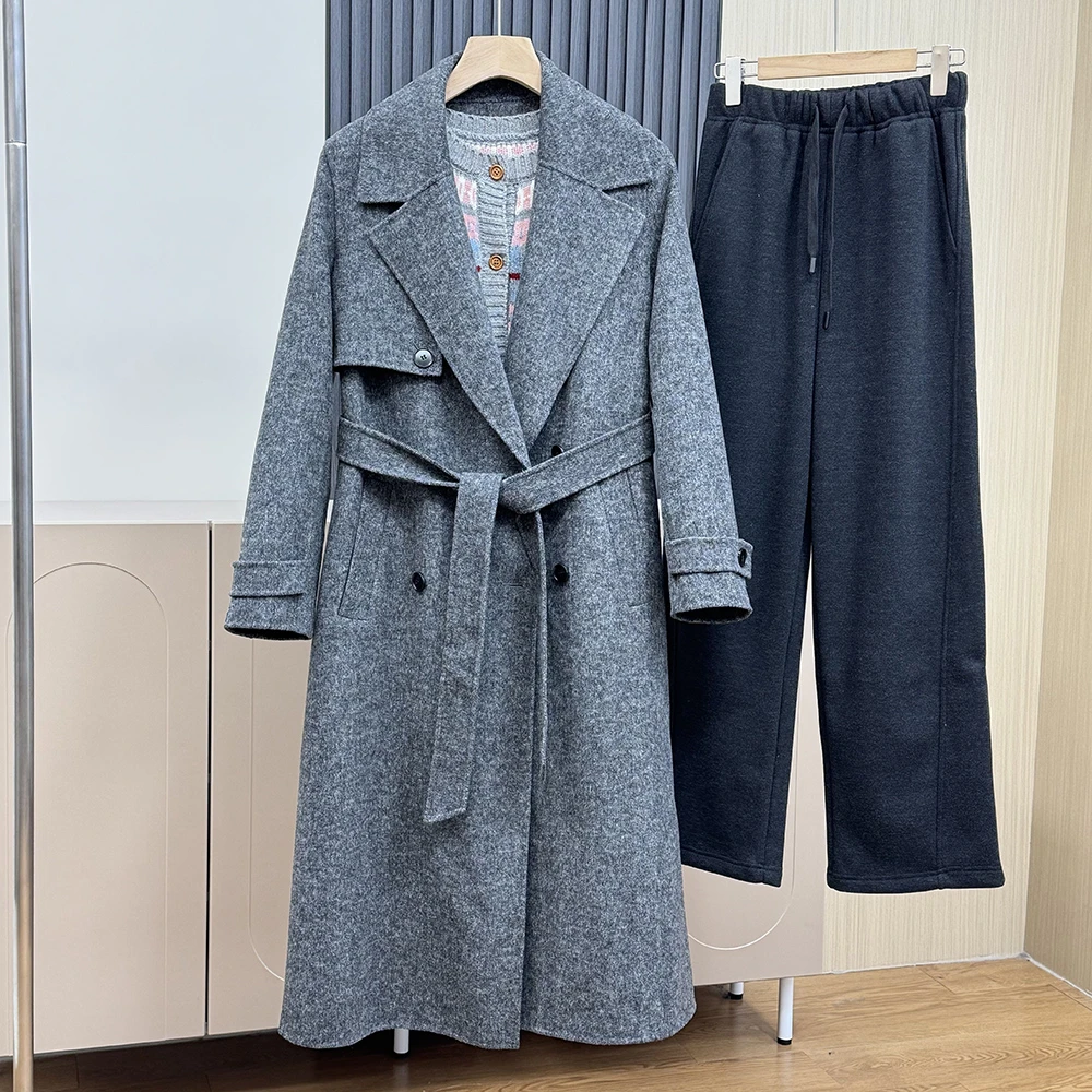 气质时尚翻领双排扣开身长款腰带双面呢大衣外套22323