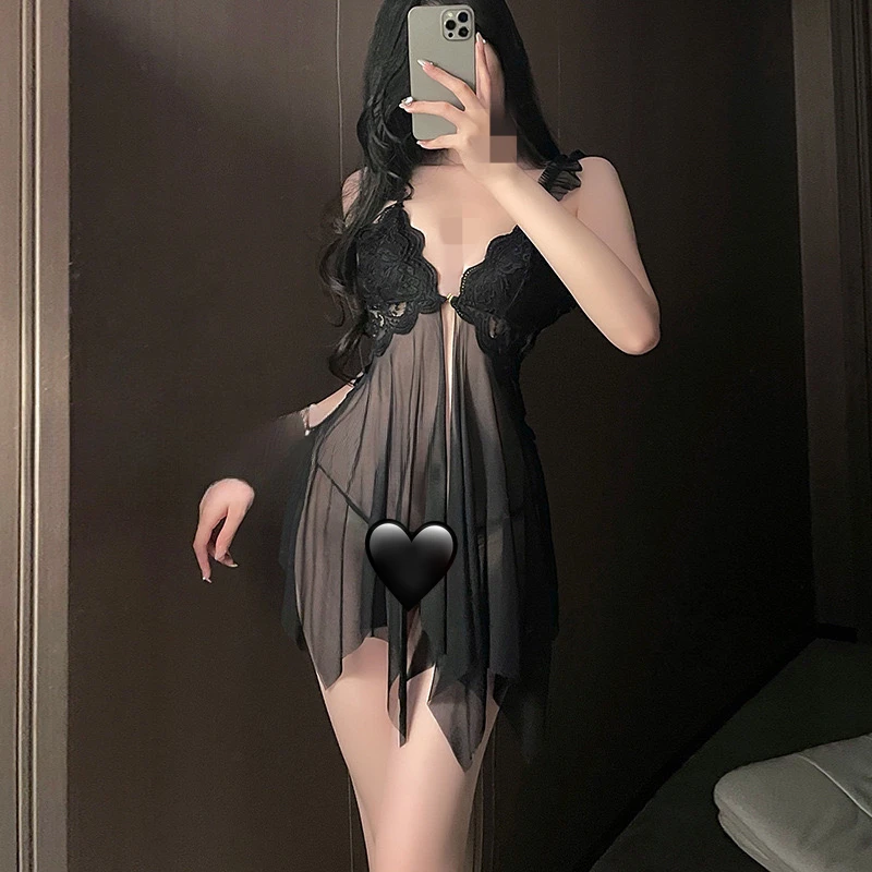 性感网纱睡裙深V诱惑蕾丝小胸带胸垫露背美背镂空睡衣显瘦纯欲