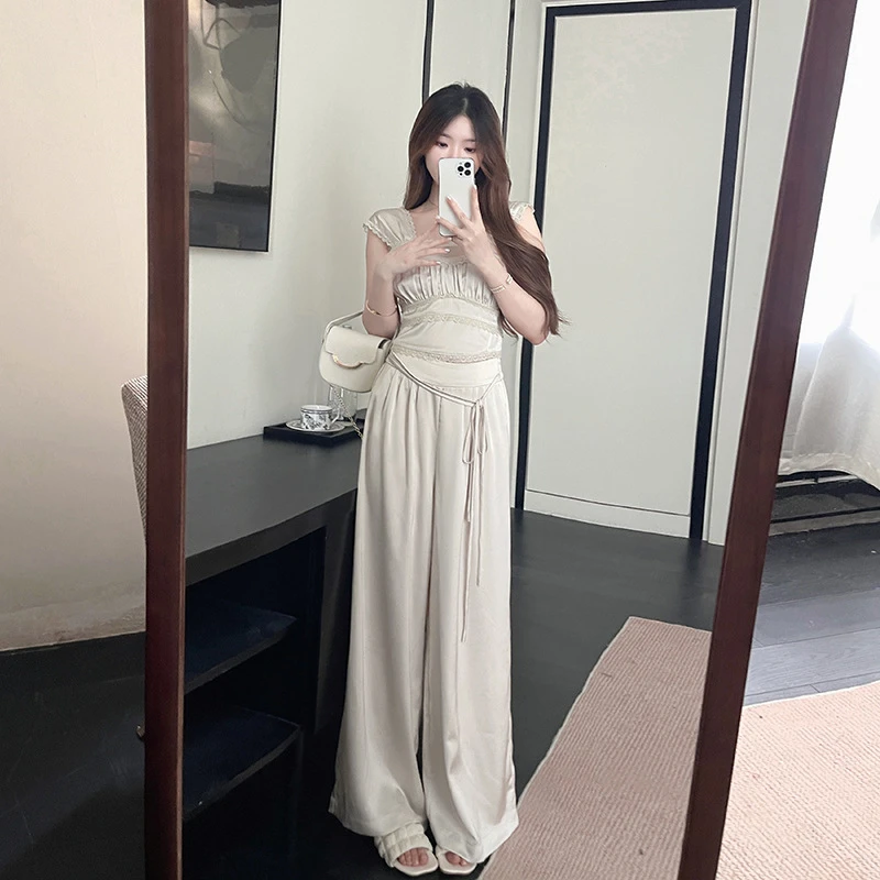 法式甜布蕾 缎面蕾丝边吊带背心阔腿裤套装女夏