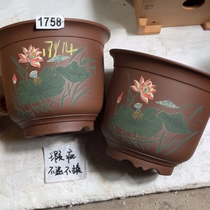 紫砂花盆 微微瑕紫泥彩绘金钟两只99元