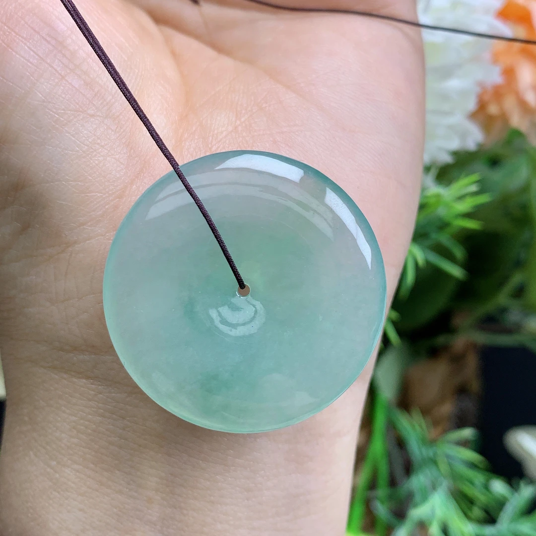 缅甸天然翡翠A货玉石冰种起胶晴绿平安扣吊坠大尺寸33.9/6.3mm