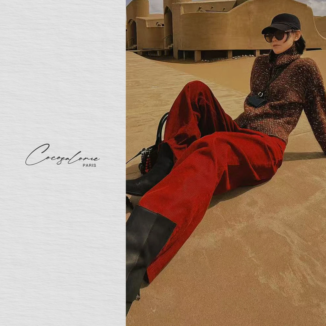 韩彬彬"红丝绒"棉柔垂感藏腹宽松无弹复古红显腿长出片长裤2163-2