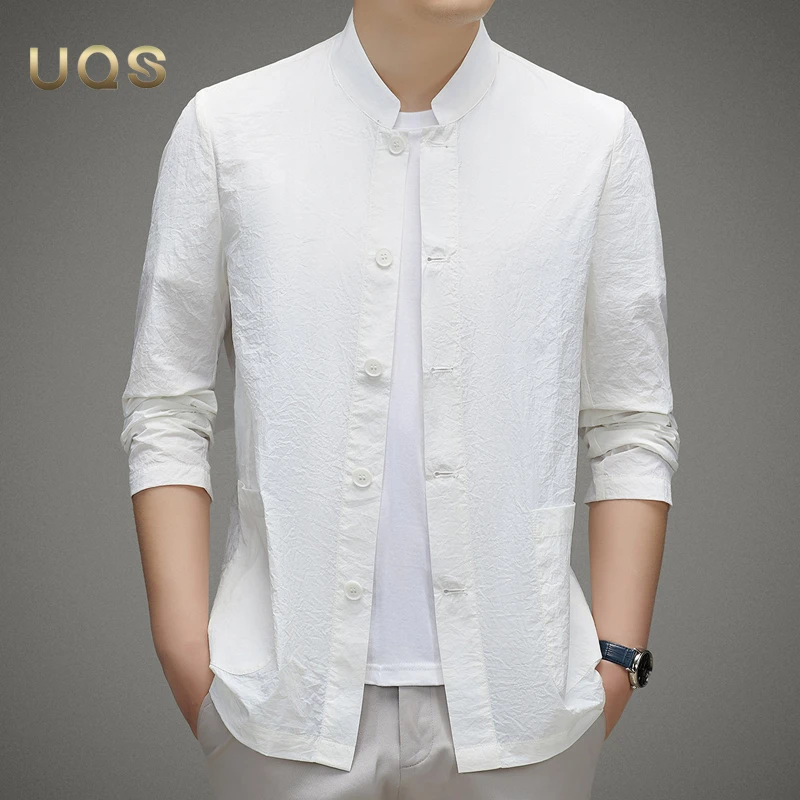 中山装春秋男士衬衫外套时尚国风休闲上衣纯色百搭简约大气立领款