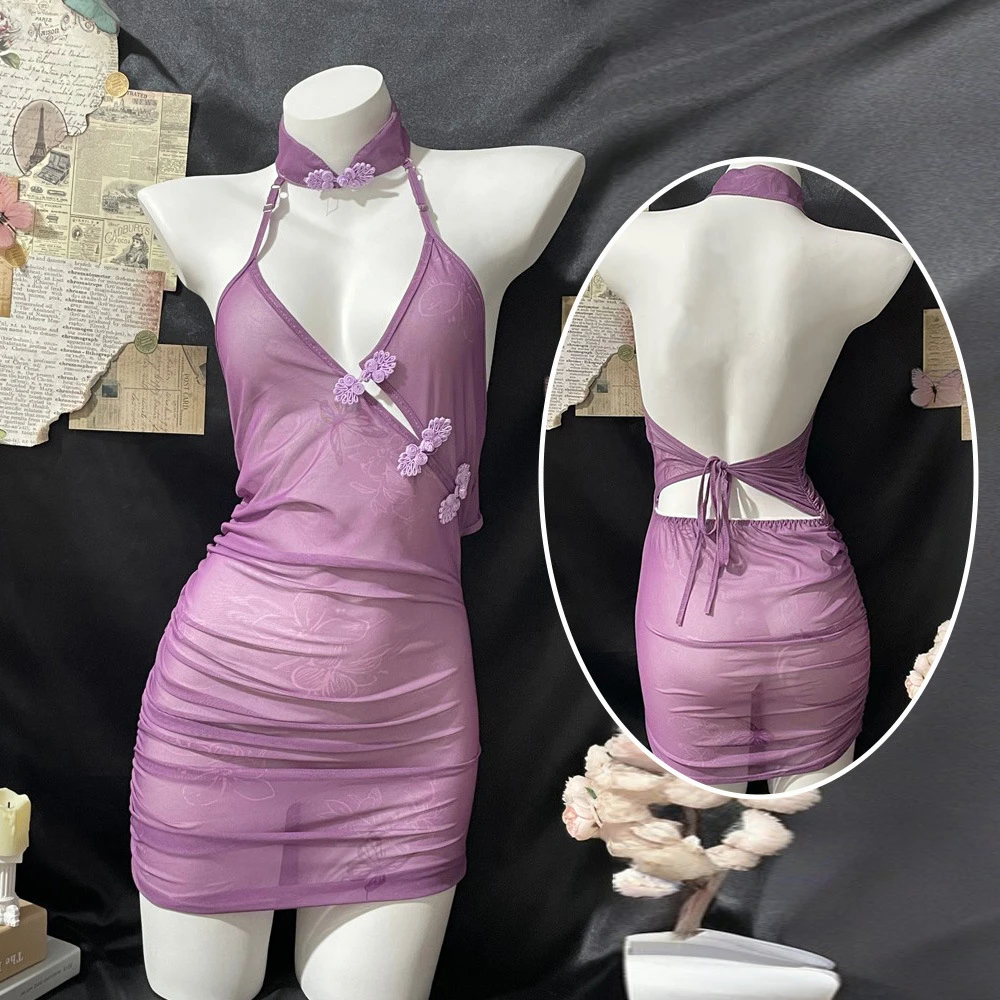 618女大学生睡衣纯欲紫色旗袍性感睡衣女古风蝶恋花透视绑带制服