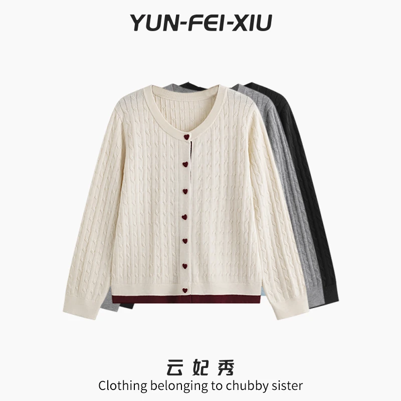 云妃秀大码女装针织衫时尚休闲微胖圆领爱心扣宽松显瘦夏季22881