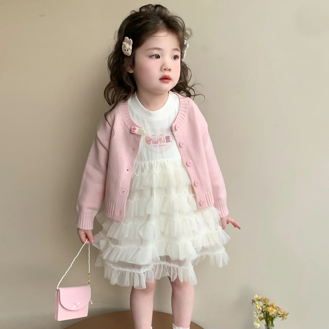 春秋季女童公主蓬蓬生日宴礼服儿童洋气时髦毛衣蛋糕裙子两件套装