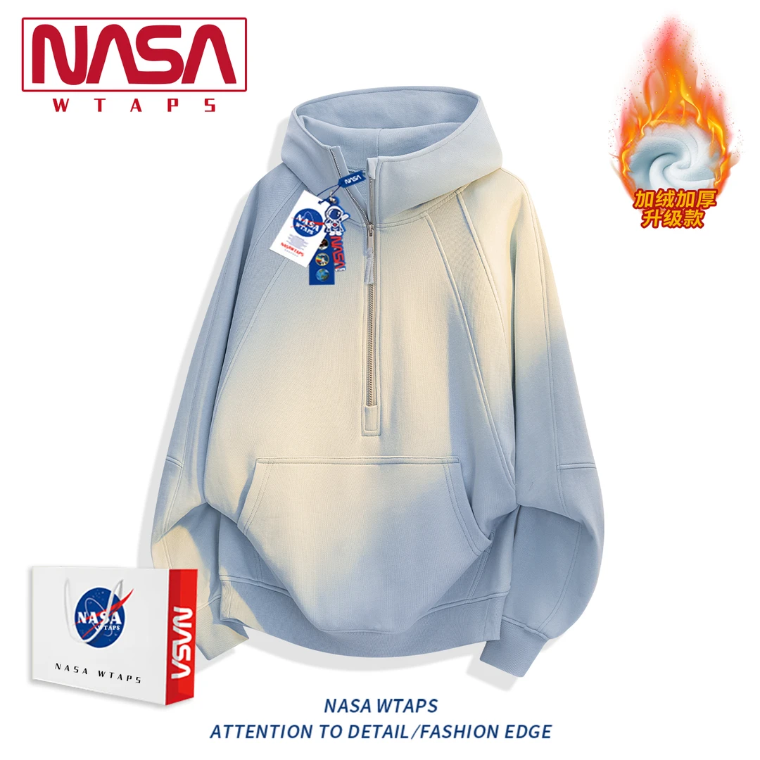 NASA WTAPS美式重磅加绒加厚卫衣男款秋冬季半拉链结构感连帽卫衣