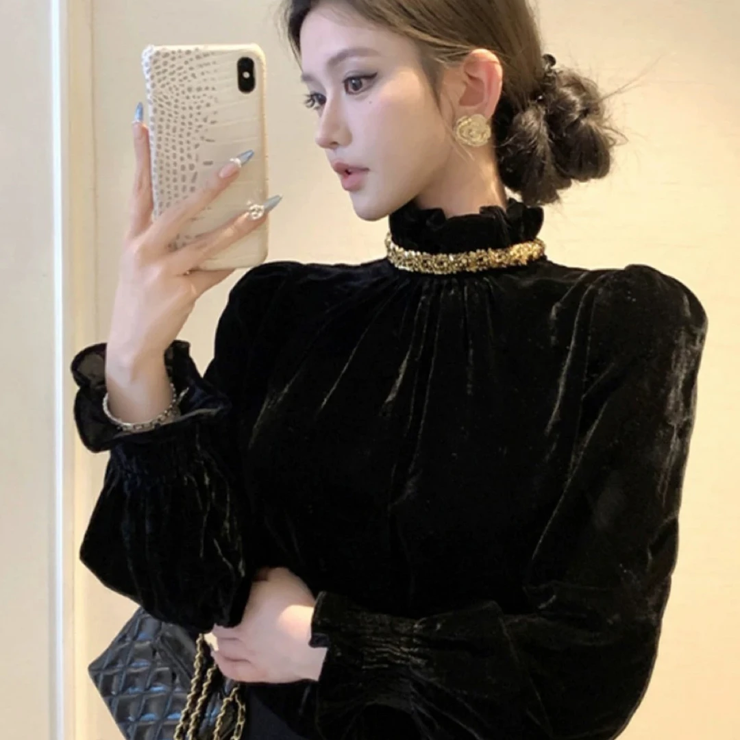 秋冬新款法式千金风木耳立领金色亮片丝绒长袖衬衫气质高级