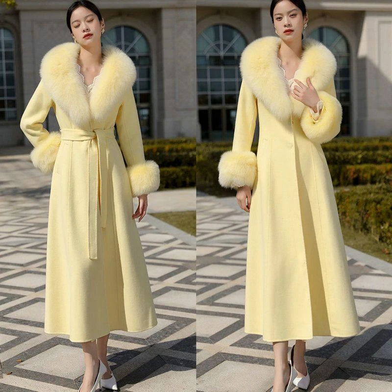鹅黄色名媛毛呢大衣女2025秋冬新款气质收腰毛呢外套彷领潮