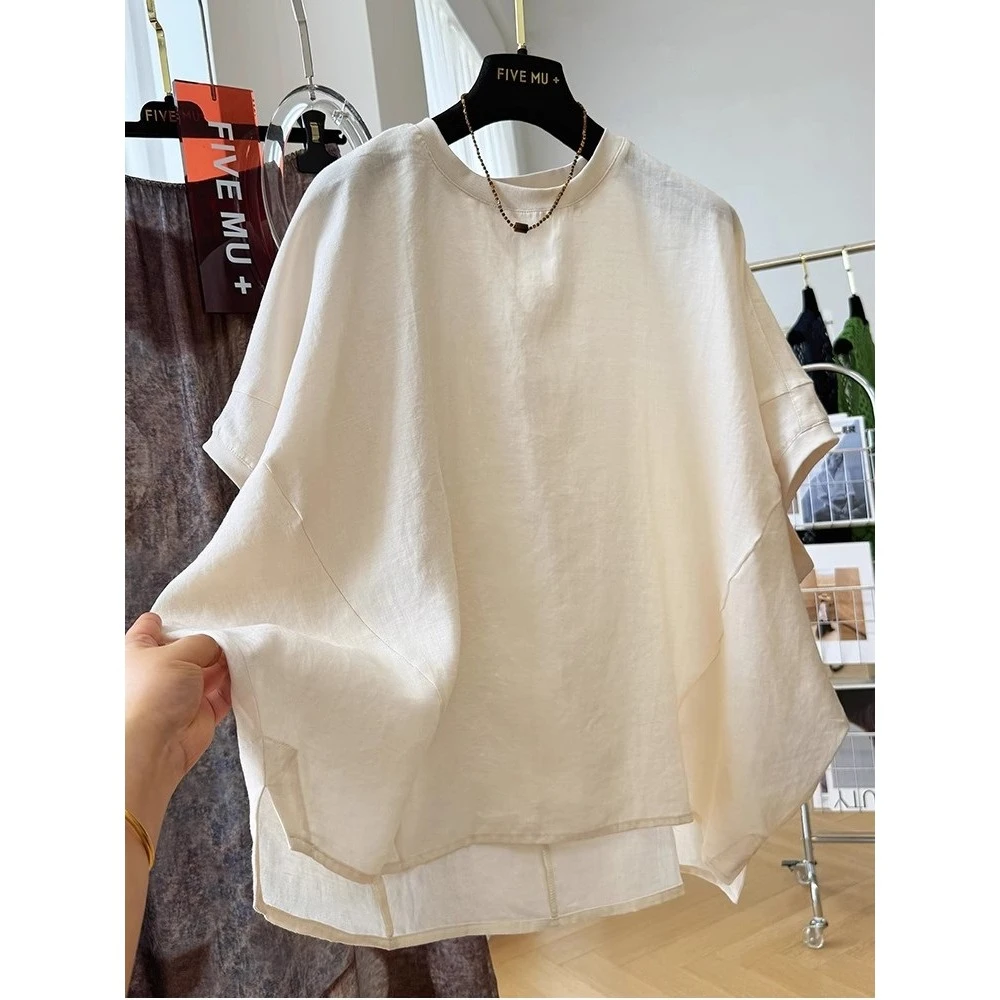 夏季新款亚麻设计感蝙蝠衫慵懒风宽松短袖小衫圆领衬衫超好看上衣