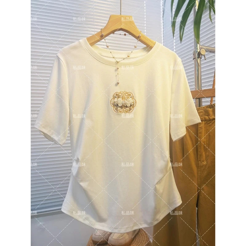 SPW私品味2025年夏季新款圆领国风刺绣正肩短袖女 T7732
