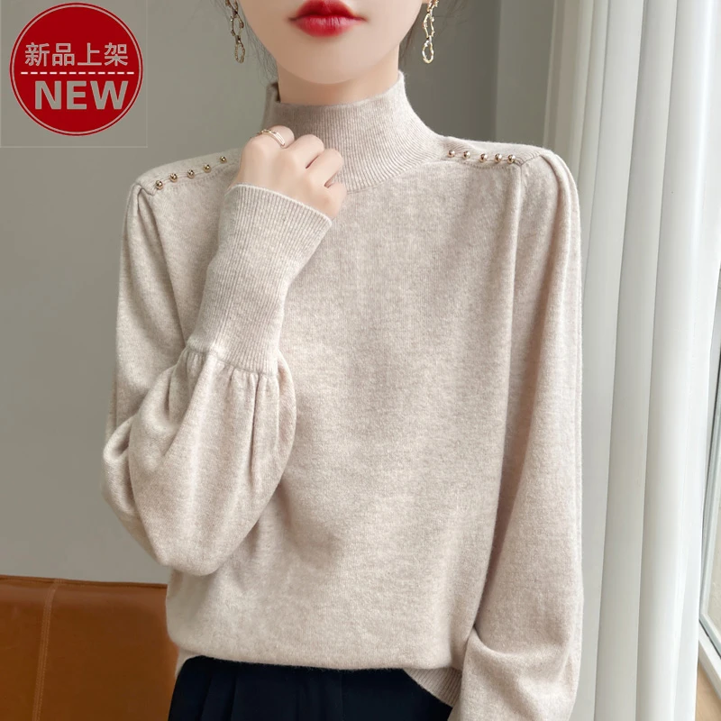 哥弟阿玛施正品半高领肩部钉珠设计针织衫洋气时尚纯色百搭上衣女