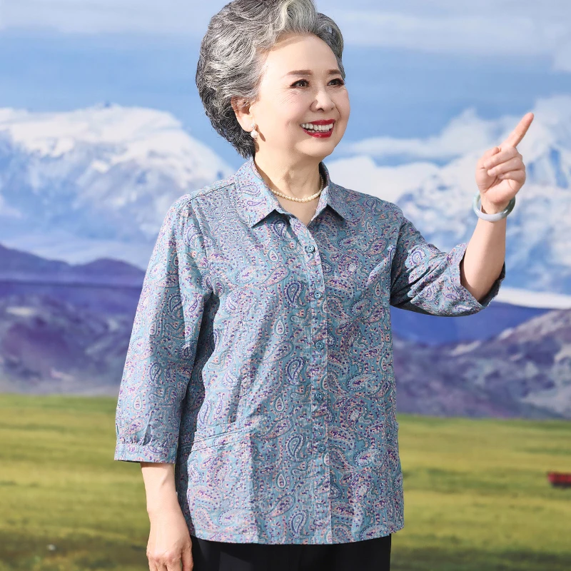 奶奶夏装纯棉衬衫七分袖中老年人妈妈春夏宽松全棉衬衣老太太衣服