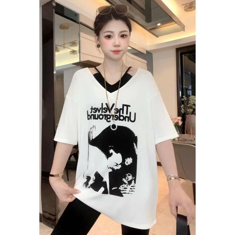 层次感假两件设计夏季休闲宽松百搭女T恤短袖韩版时尚松弛感V领