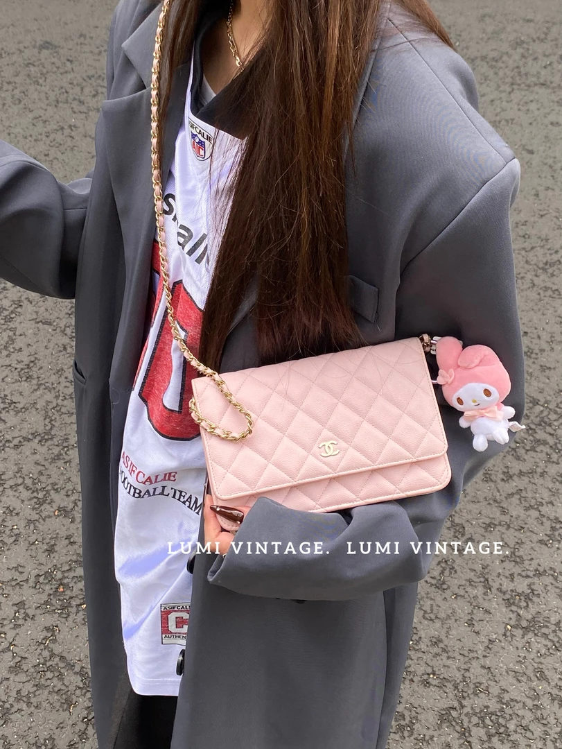 95新 Chanel/香奈儿 23k樱花粉荔枝牛芯片woc单肩包61237288