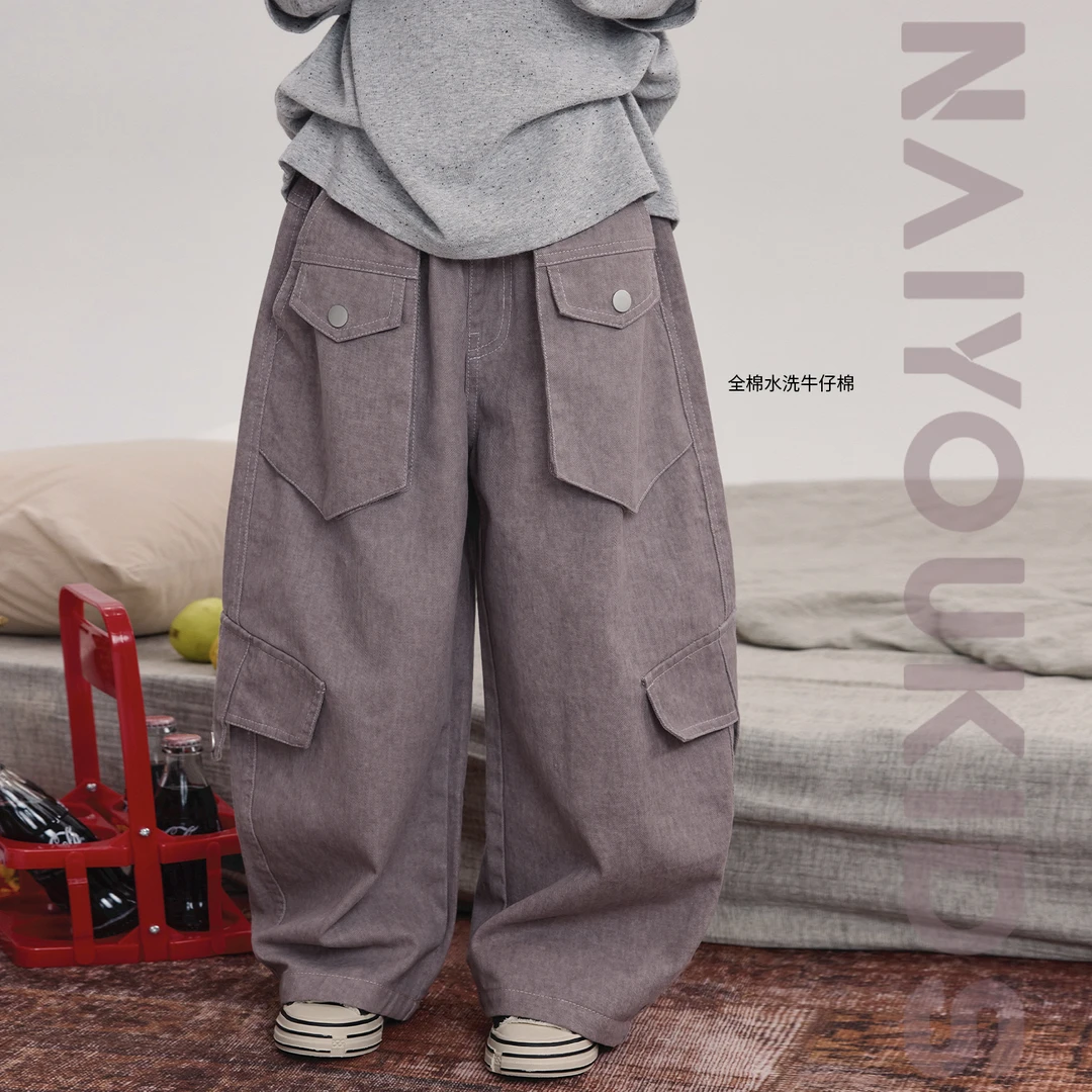 【裤紫】女童工装牛仔裤2025秋季新款宽松百搭中大童阔腿裤K2583
