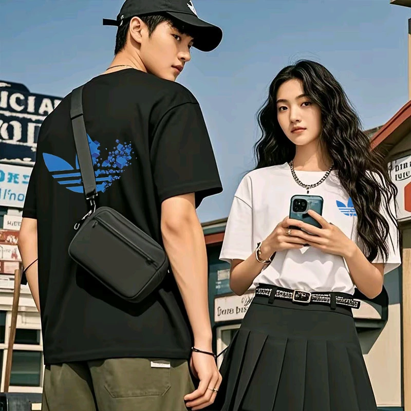 H005联名款潮牌T恤男女同款时尚百搭圆领印花t恤短袖前后蓝迪